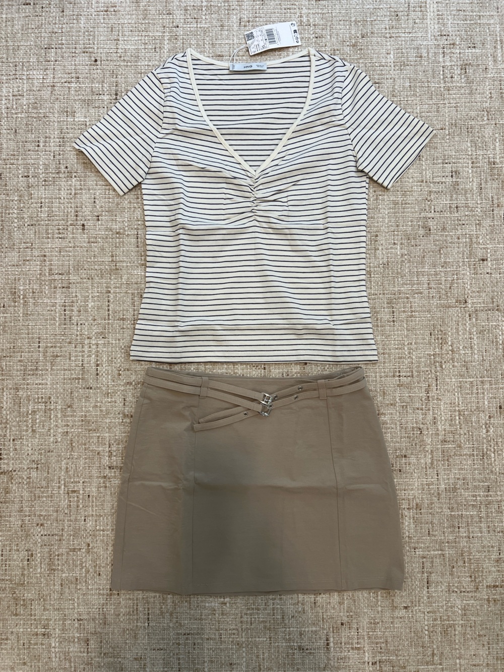 Mango white and black striped set with beige skirt set